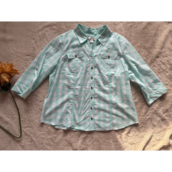 CJ Banks Green Gingham Blouse Size 1X - Picture 1 of 7